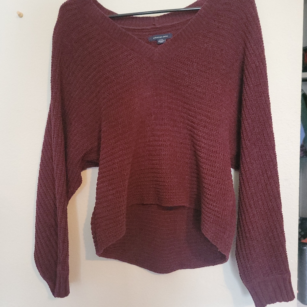 American Eagle Cropped Knit Burgundy Sweater